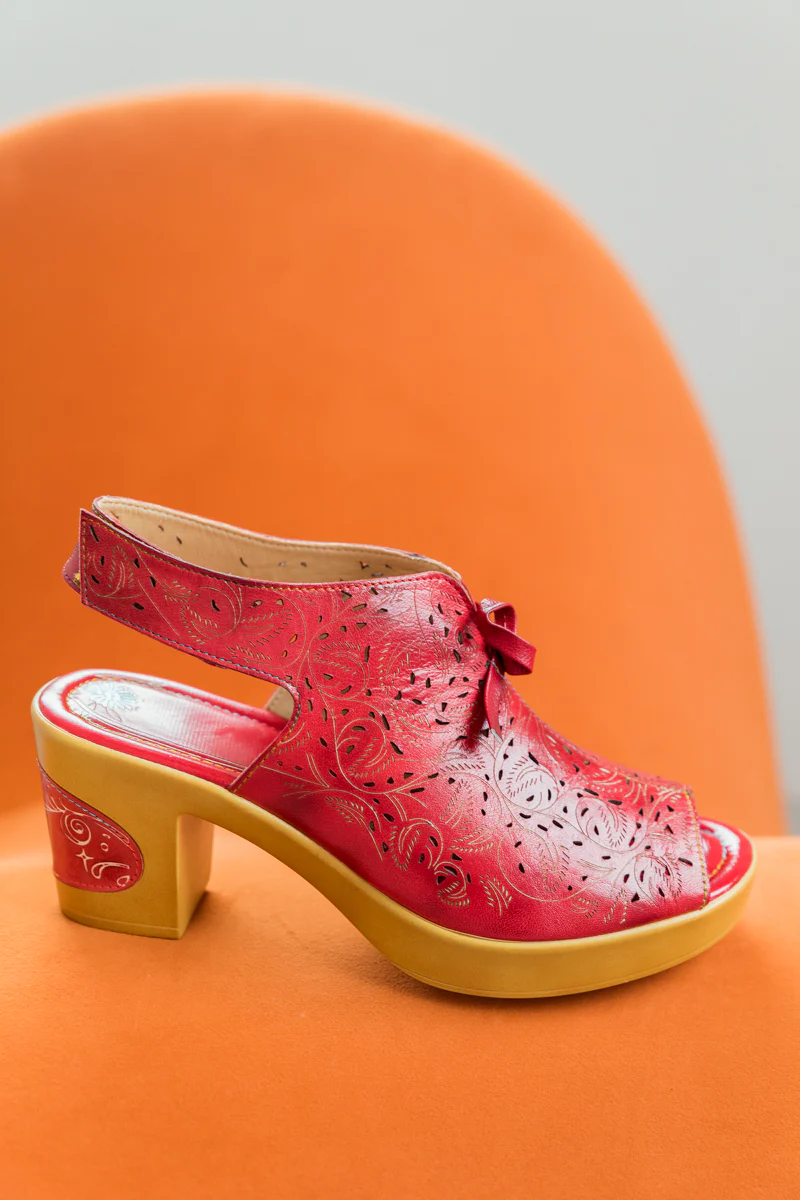SOFFIA | RED FLORAL PERFORATED GENUINE LEATHER SANDAL - Image 7