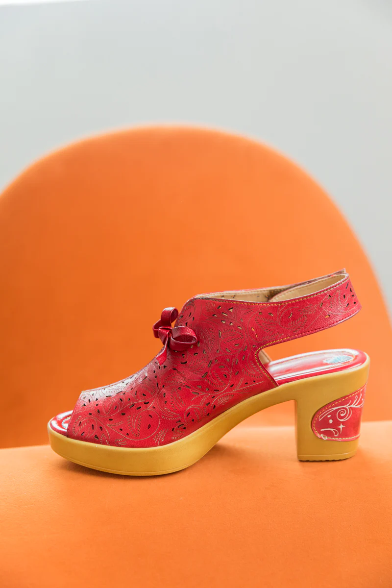 SOFFIA | RED FLORAL PERFORATED GENUINE LEATHER SANDAL - Image 8