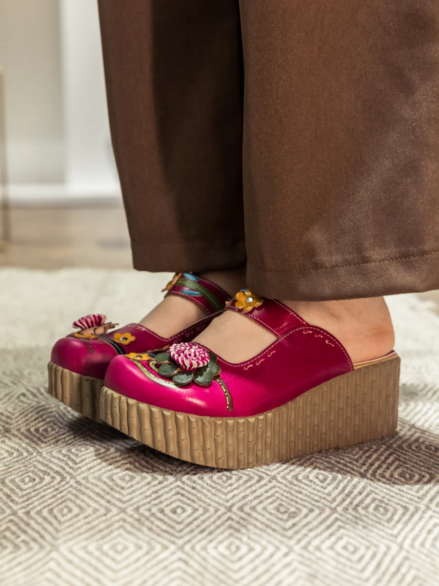 SOFFIA | Genuine Leather Red Ribbed-Sole Floral Appliqued Clogs - Image 3
