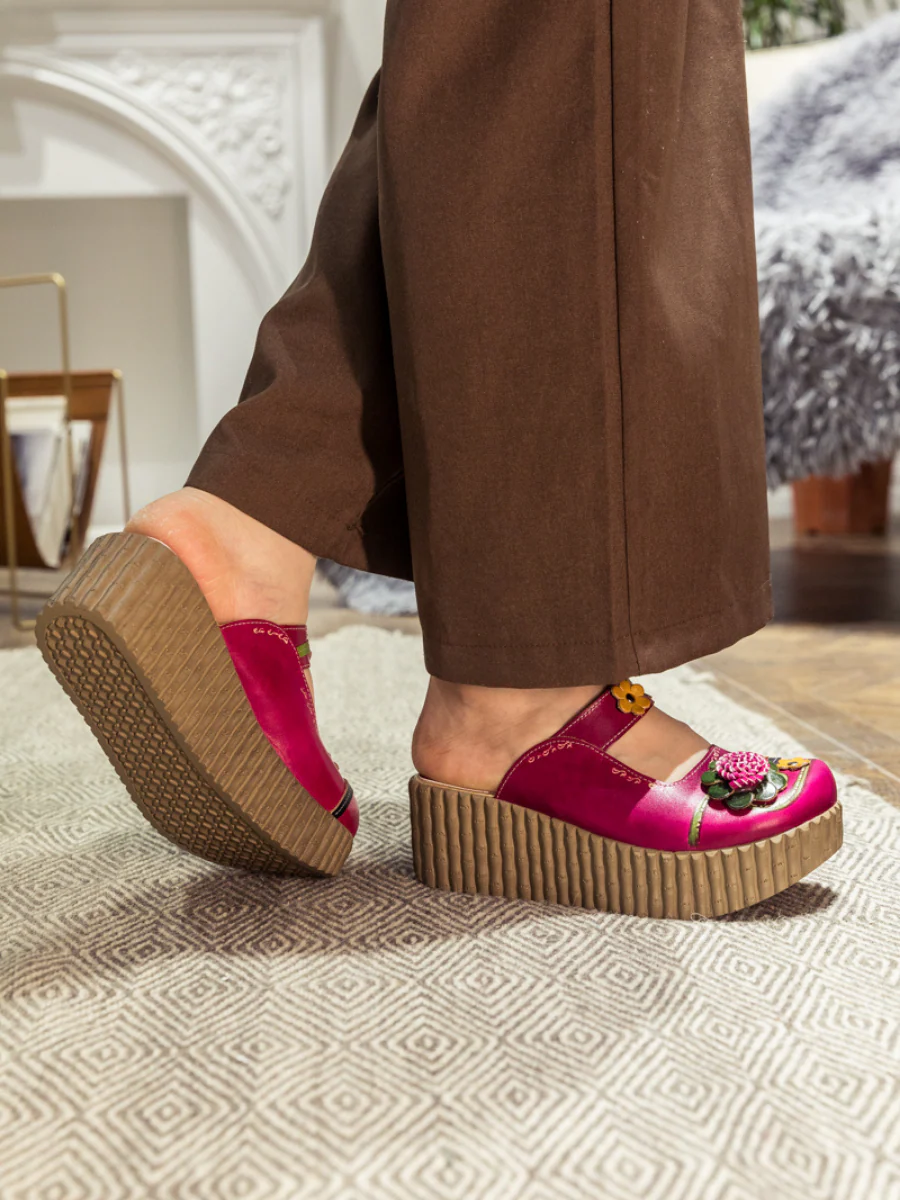 SOFFIA | Genuine Leather Red Ribbed-Sole Floral Appliqued Clogs - Image 5