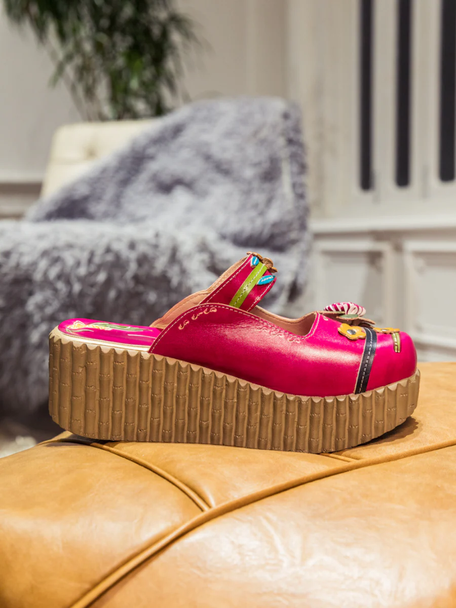 SOFFIA | Genuine Leather Red Ribbed-Sole Floral Appliqued Clogs - Image 6