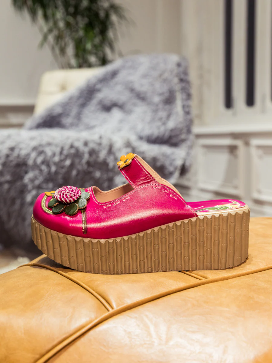 SOFFIA | Genuine Leather Red Ribbed-Sole Floral Appliqued Clogs - Image 7