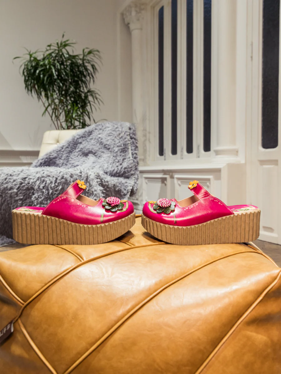 SOFFIA | Genuine Leather Red Ribbed-Sole Floral Appliqued Clogs - Image 8
