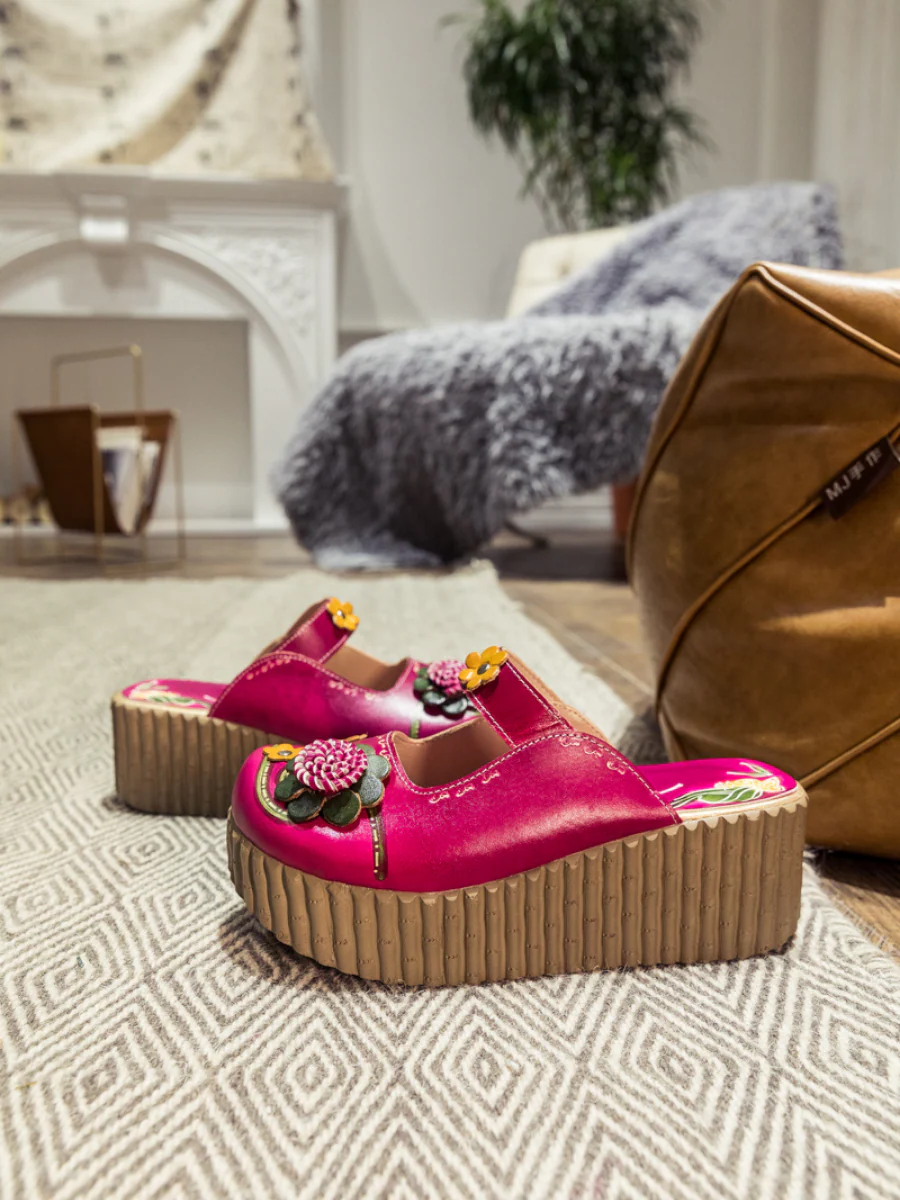 SOFFIA | Genuine Leather Red Ribbed-Sole Floral Appliqued Clogs - Image 9