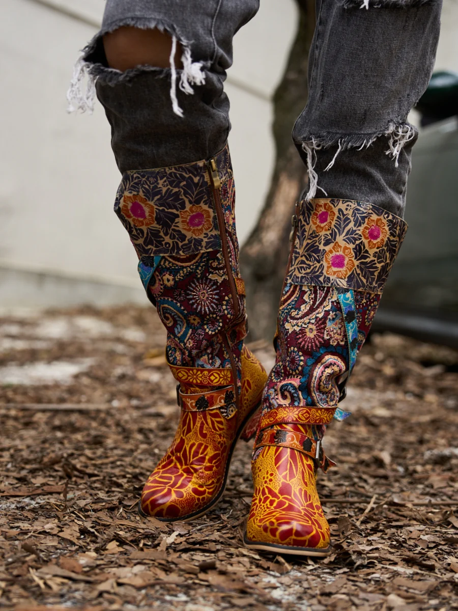 Soffia | Rheana Paisley Floral Jacquard Leather Knee-High Boots - Image 2