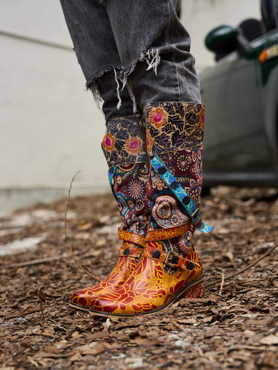 Soffia | Rheana Paisley Floral Jacquard Leather Knee-High Boots - Image 4