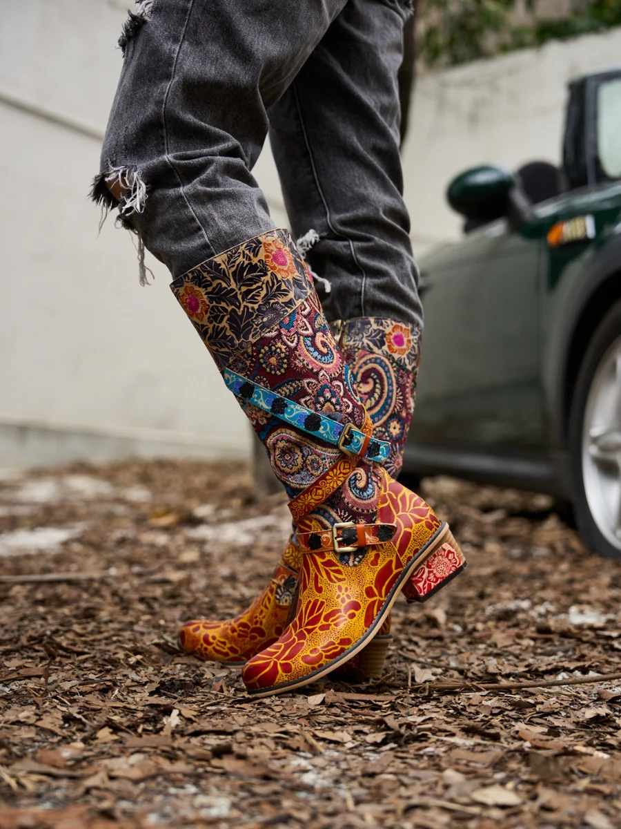 Soffia | Rheana Paisley Floral Jacquard Leather Knee-High Boots - Image 5