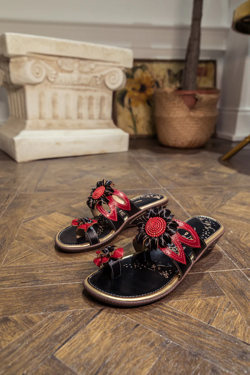 SOFFIA | Genuine Leather Ring Toe Floral Appliqued Flat Flip Flop Sandals - Black - Image 6