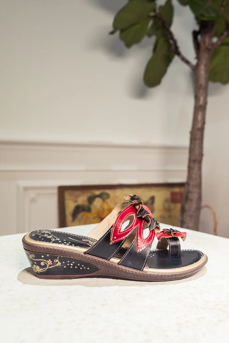 SOFFIA | Genuine Leather Ring Toe Floral Appliqued Flat Flip Flop Sandals - Black - Image 7