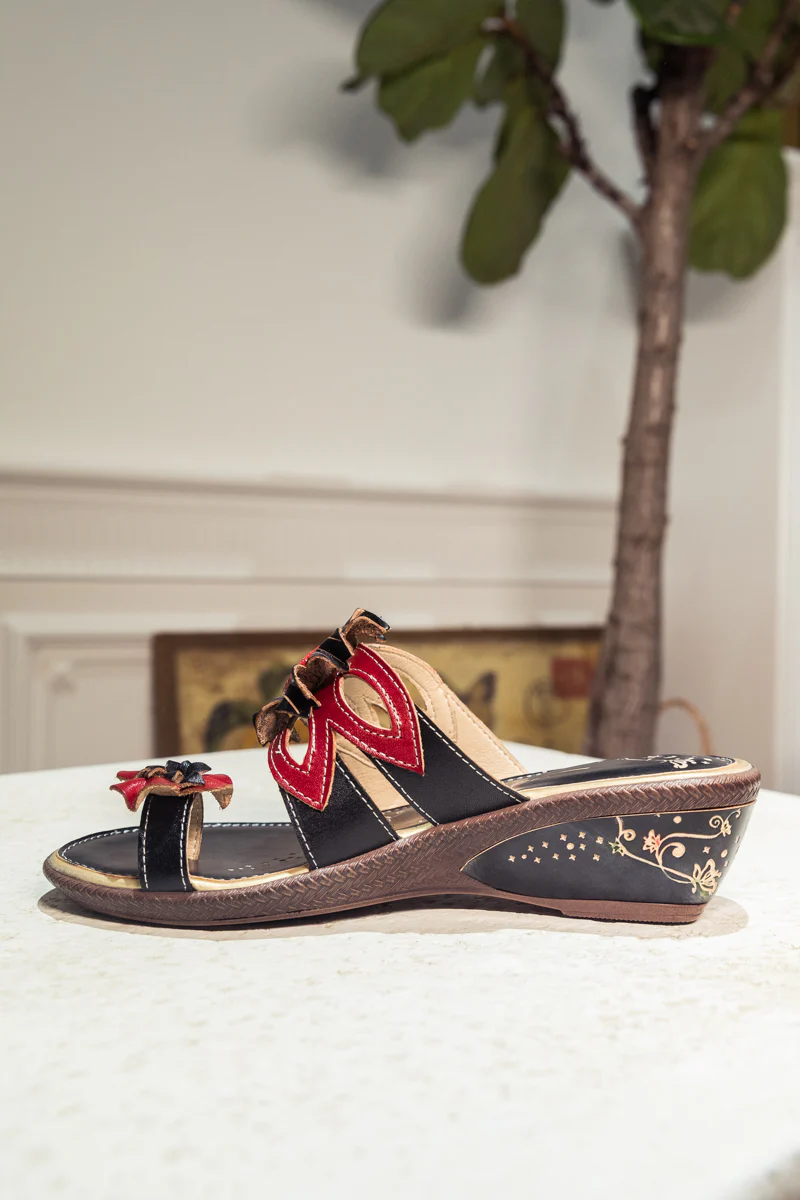 SOFFIA | Genuine Leather Ring Toe Floral Appliqued Flat Flip Flop Sandals - Black - Image 8