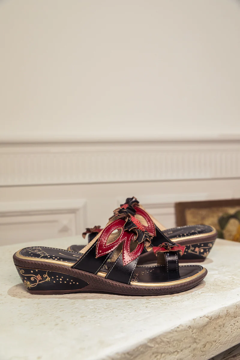 SOFFIA | Genuine Leather Ring Toe Floral Appliqued Flat Flip Flop Sandals - Black - Image 9