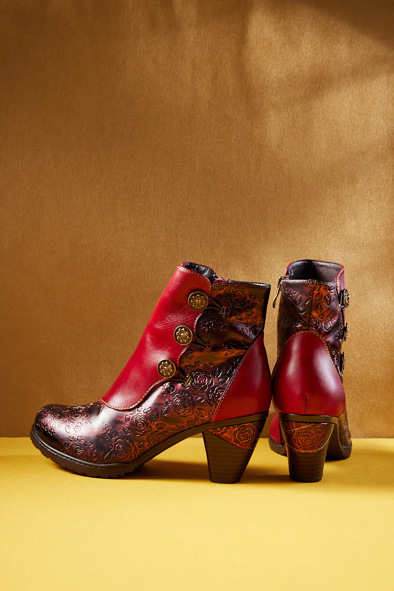 Soffia | Rosalind Rose Embossed Leather Ankle Boots - Red - Image 10