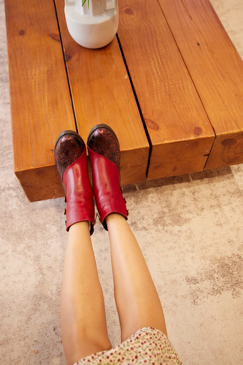Soffia | Rosalind Rose Embossed Leather Ankle Boots - Red - Image 6