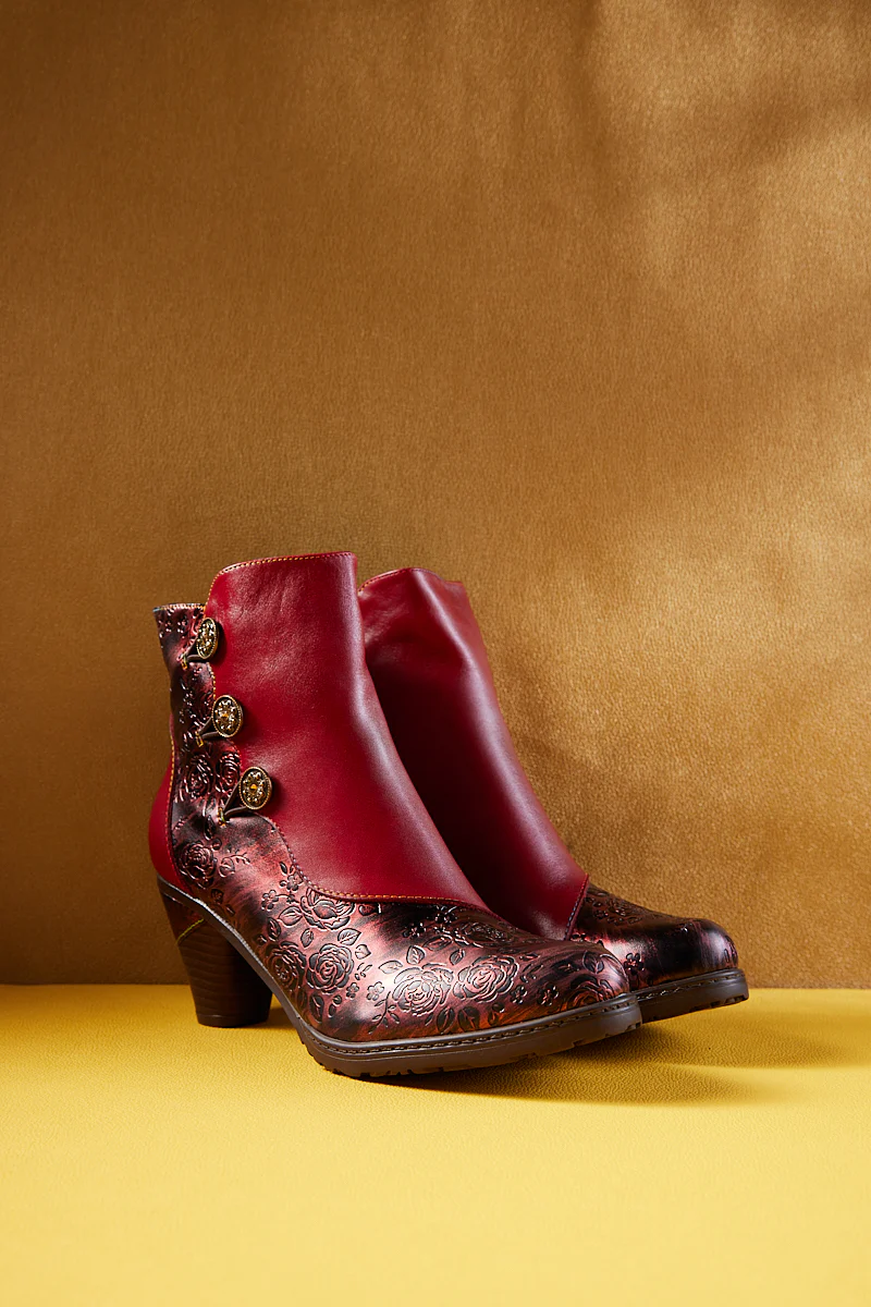 Soffia | Rosalind Rose Embossed Leather Ankle Boots - Red - Image 7