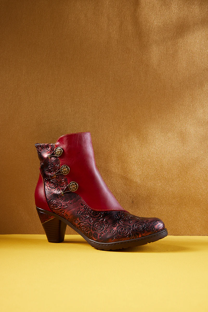 Soffia | Rosalind Rose Embossed Leather Ankle Boots - Red - Image 8
