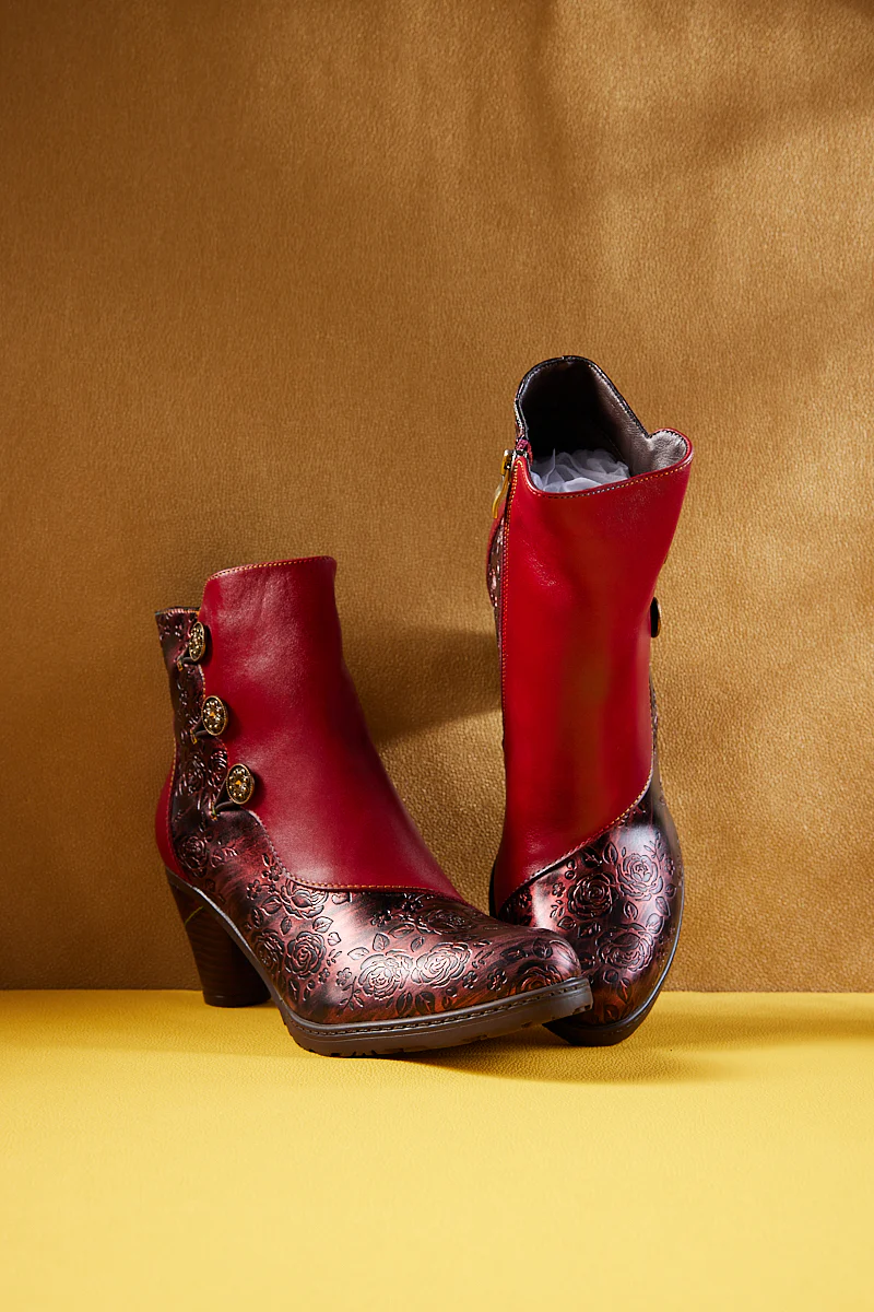 Soffia | Rosalind Rose Embossed Leather Ankle Boots - Red - Image 9