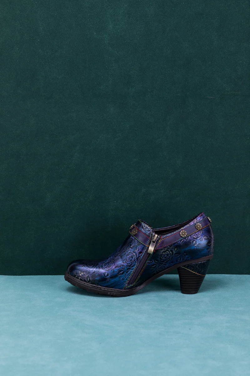 SOFFIA | ROSE EMBOSSED FLORAL RELIEF PURPLE LEATHER ANKLE BOOT - Image 10