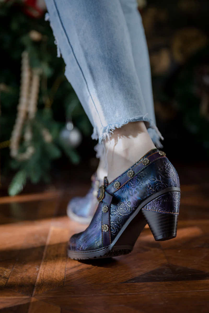 SOFFIA | ROSE EMBOSSED FLORAL RELIEF PURPLE LEATHER ANKLE BOOT - Image 2