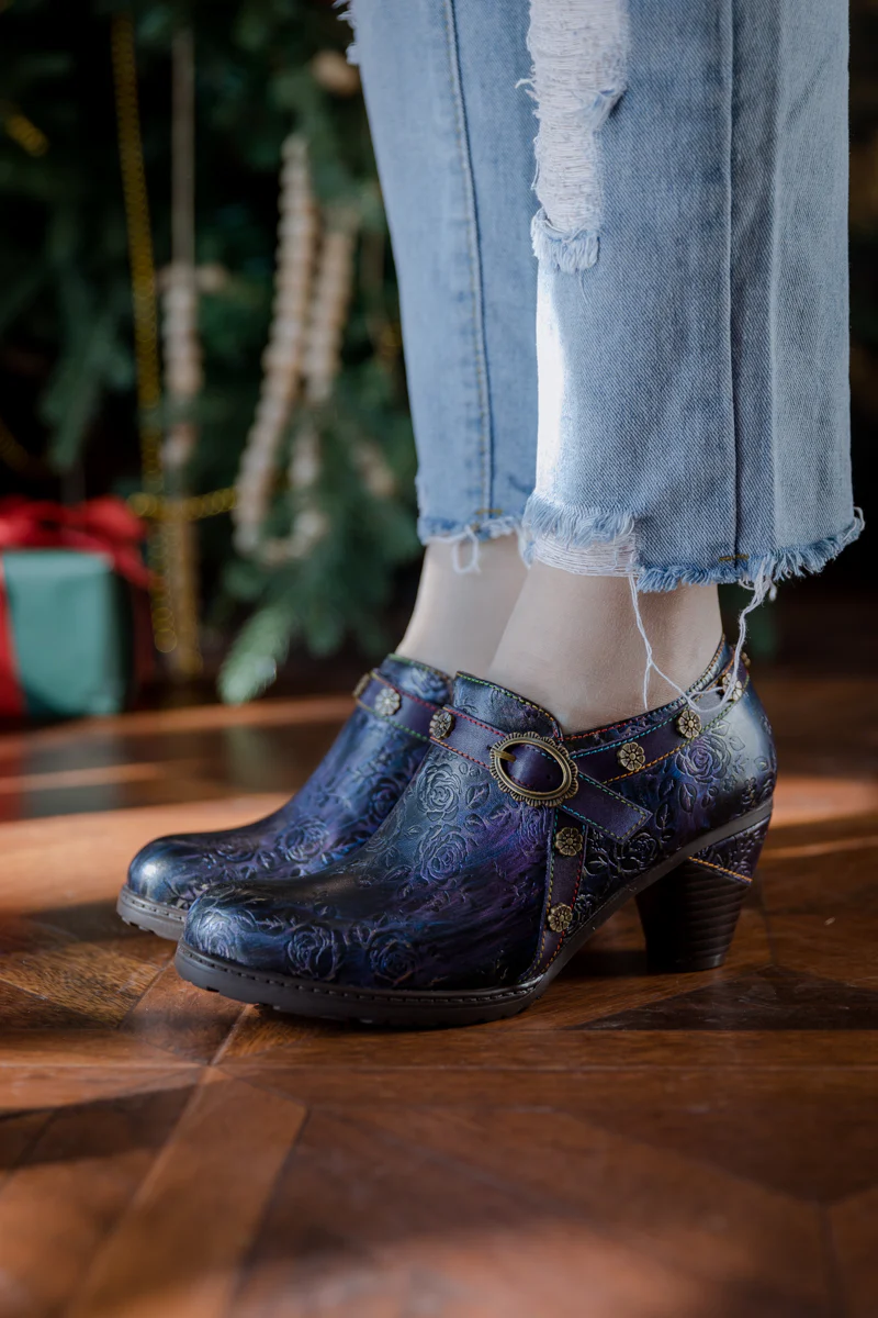 SOFFIA | ROSE EMBOSSED FLORAL RELIEF PURPLE LEATHER ANKLE BOOT - Image 3