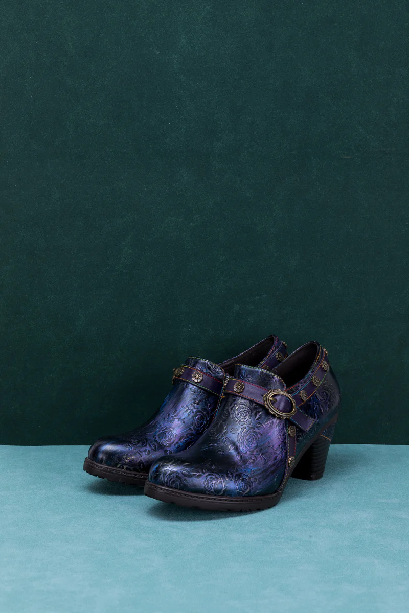 SOFFIA | ROSE EMBOSSED FLORAL RELIEF PURPLE LEATHER ANKLE BOOT - Image 7