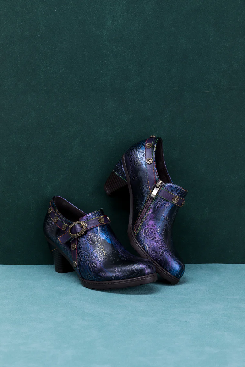 SOFFIA | ROSE EMBOSSED FLORAL RELIEF PURPLE LEATHER ANKLE BOOT - Image 8
