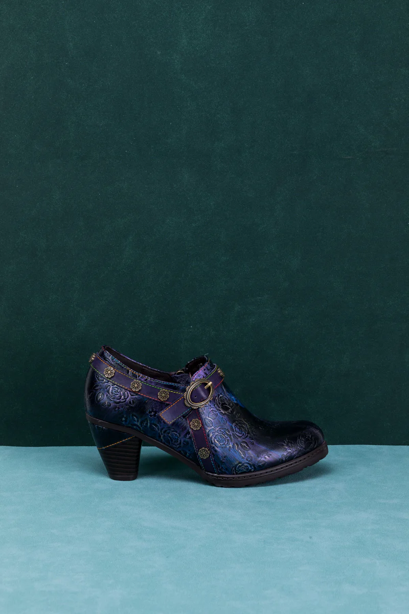 SOFFIA | ROSE EMBOSSED FLORAL RELIEF PURPLE LEATHER ANKLE BOOT - Image 9