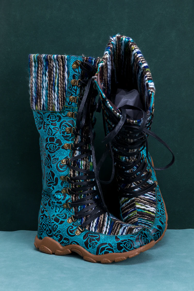 SOFFIA | ROSE EMBOSSED TEAL LEATHER TIE-ACCENT BOOT - Image 10