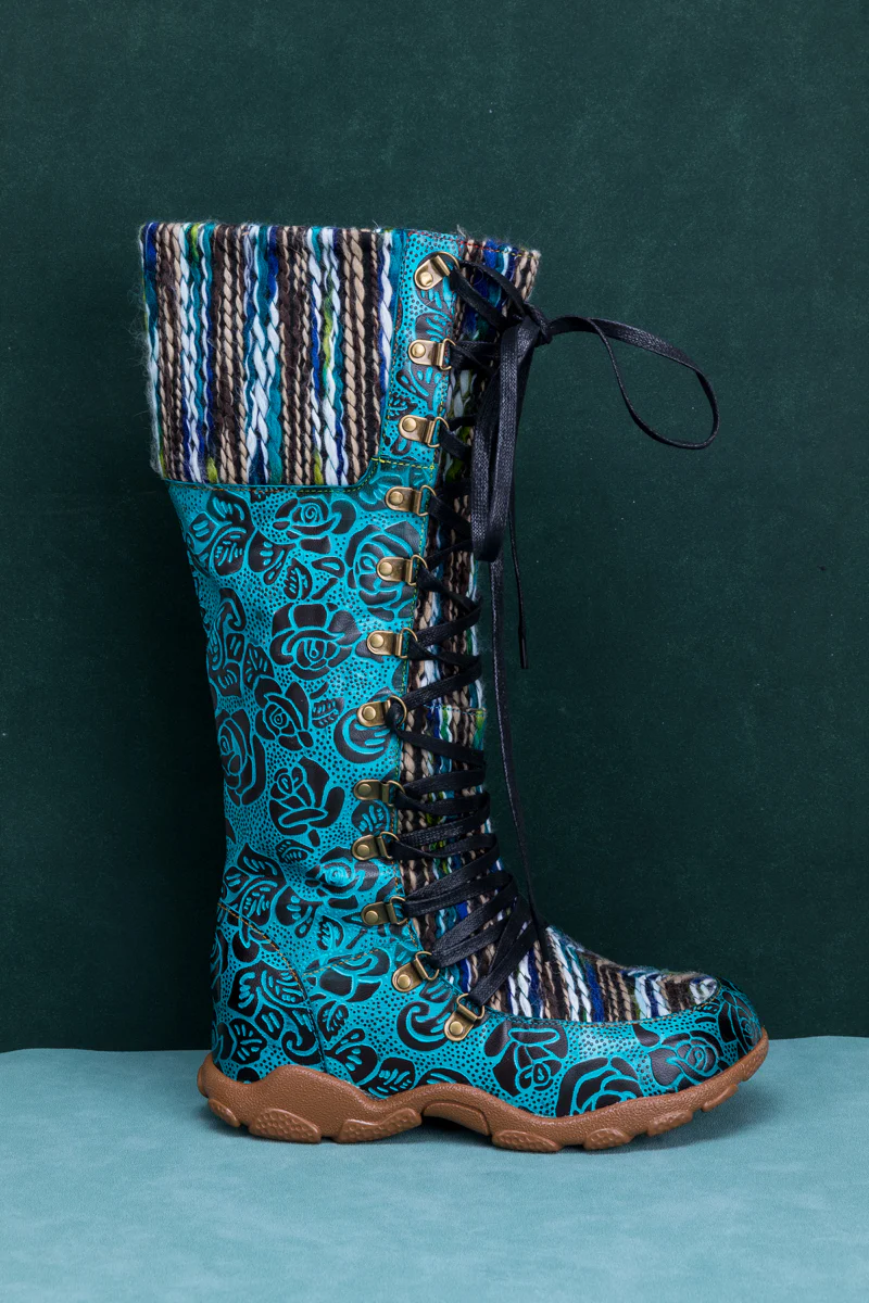 SOFFIA | ROSE EMBOSSED TEAL LEATHER TIE-ACCENT BOOT - Image 11