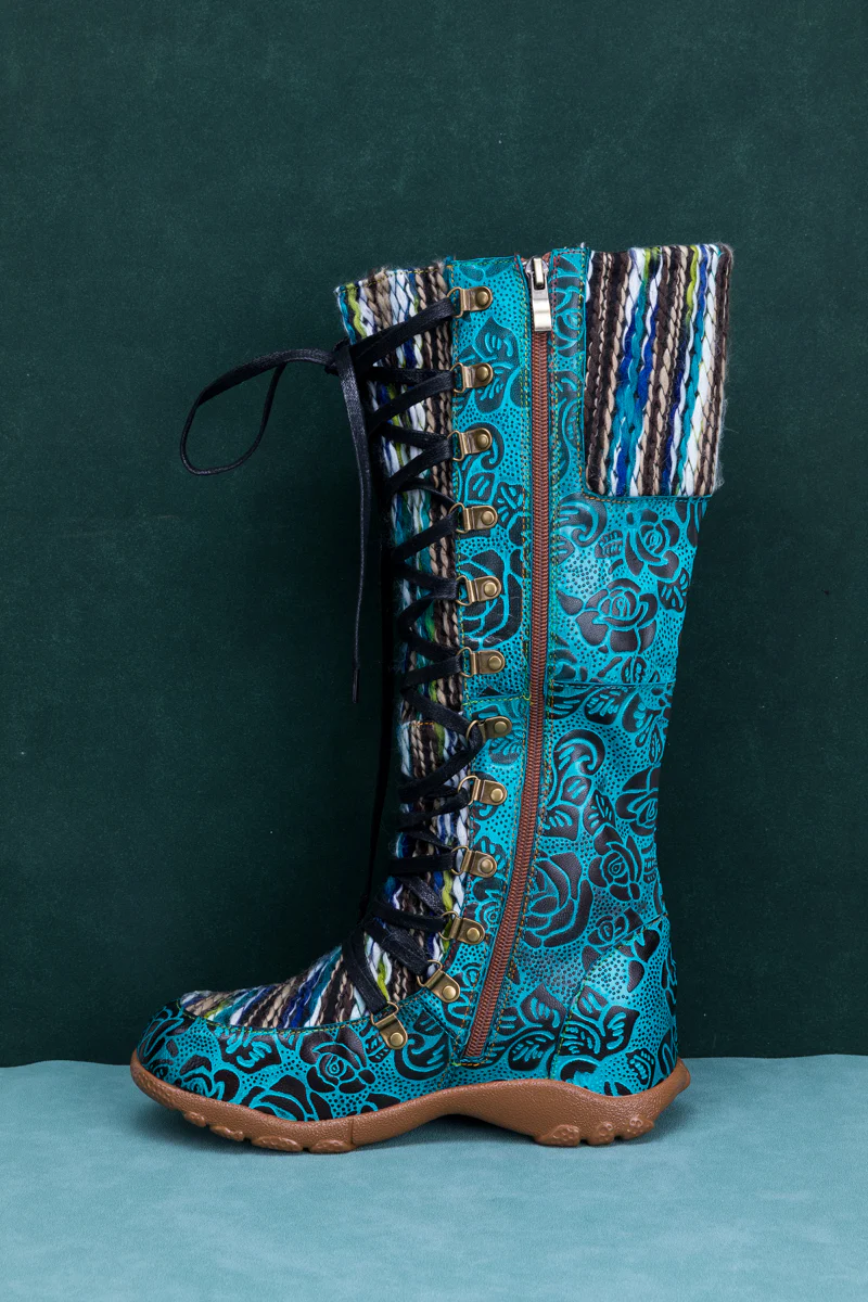 SOFFIA | ROSE EMBOSSED TEAL LEATHER TIE-ACCENT BOOT - Image 12