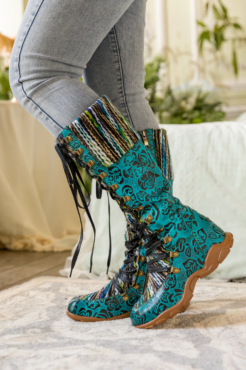 SOFFIA | ROSE EMBOSSED TEAL LEATHER TIE-ACCENT BOOT - Image 3