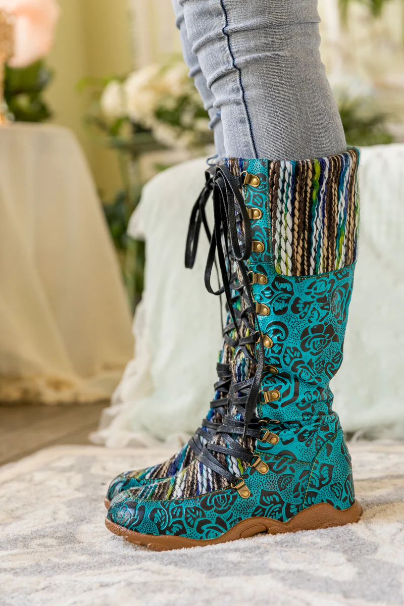 SOFFIA | ROSE EMBOSSED TEAL LEATHER TIE-ACCENT BOOT - Image 4