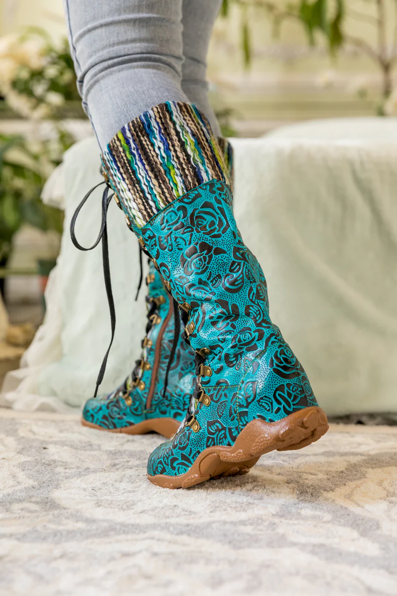 SOFFIA | ROSE EMBOSSED TEAL LEATHER TIE-ACCENT BOOT - Image 5