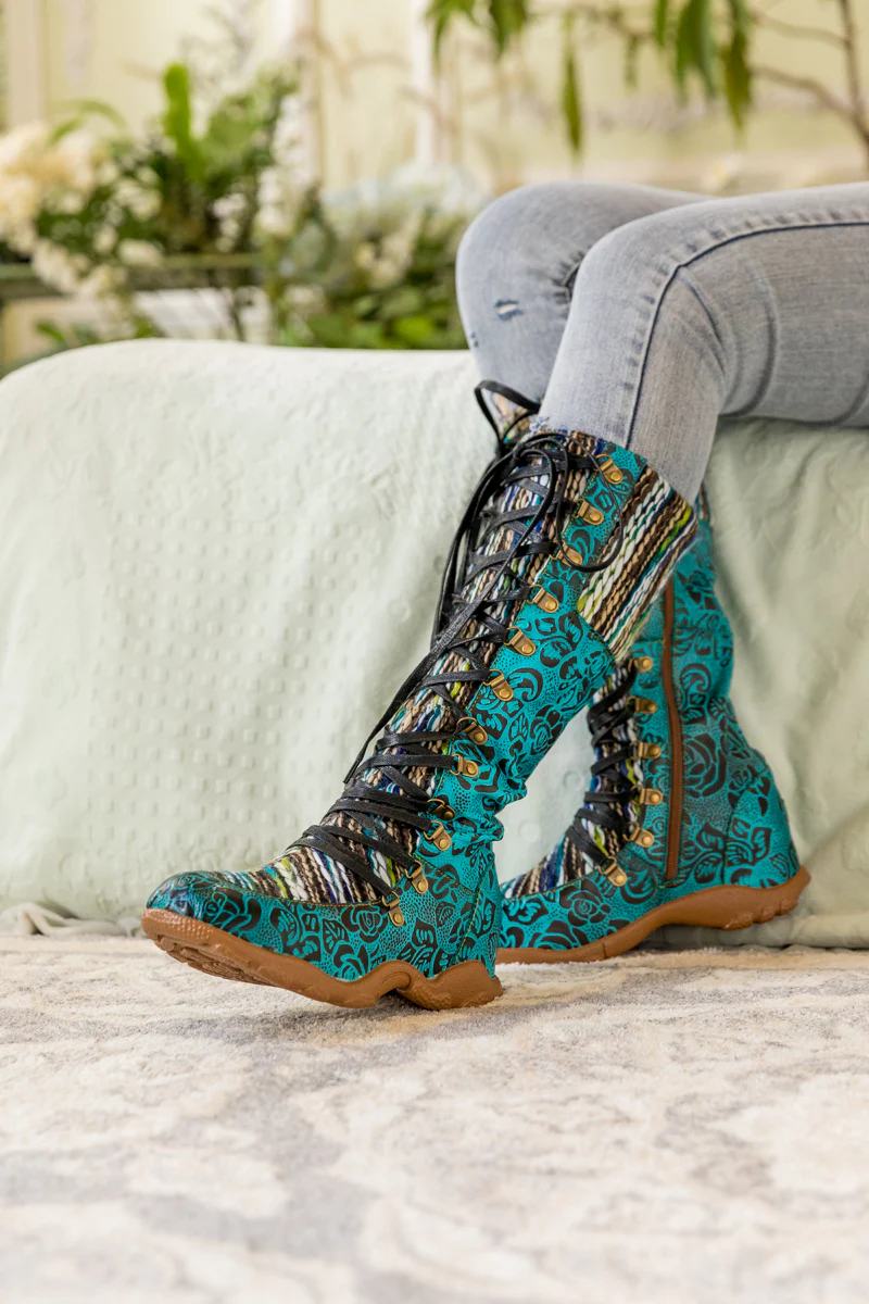 SOFFIA | ROSE EMBOSSED TEAL LEATHER TIE-ACCENT BOOT - Image 6