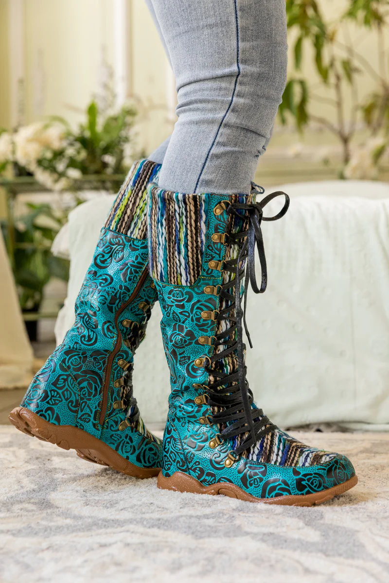 SOFFIA | ROSE EMBOSSED TEAL LEATHER TIE-ACCENT BOOT - Image 7