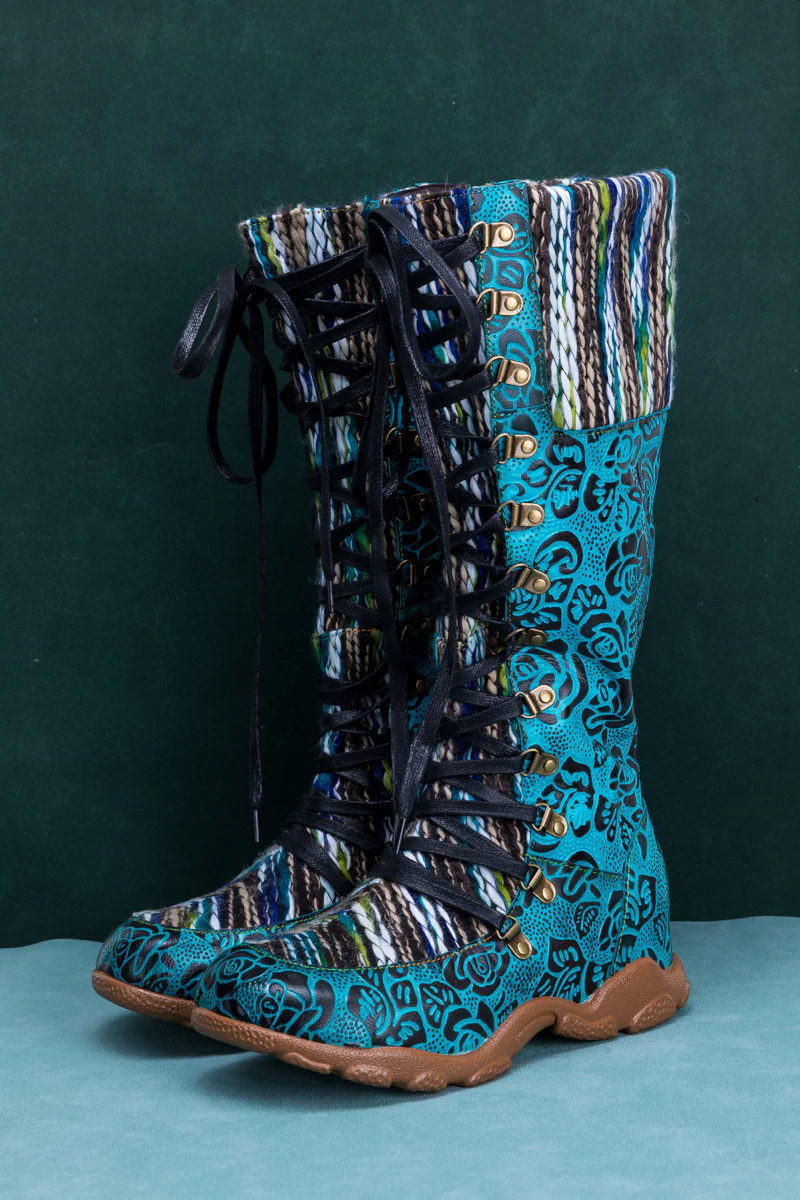 SOFFIA | ROSE EMBOSSED TEAL LEATHER TIE-ACCENT BOOT - Image 8
