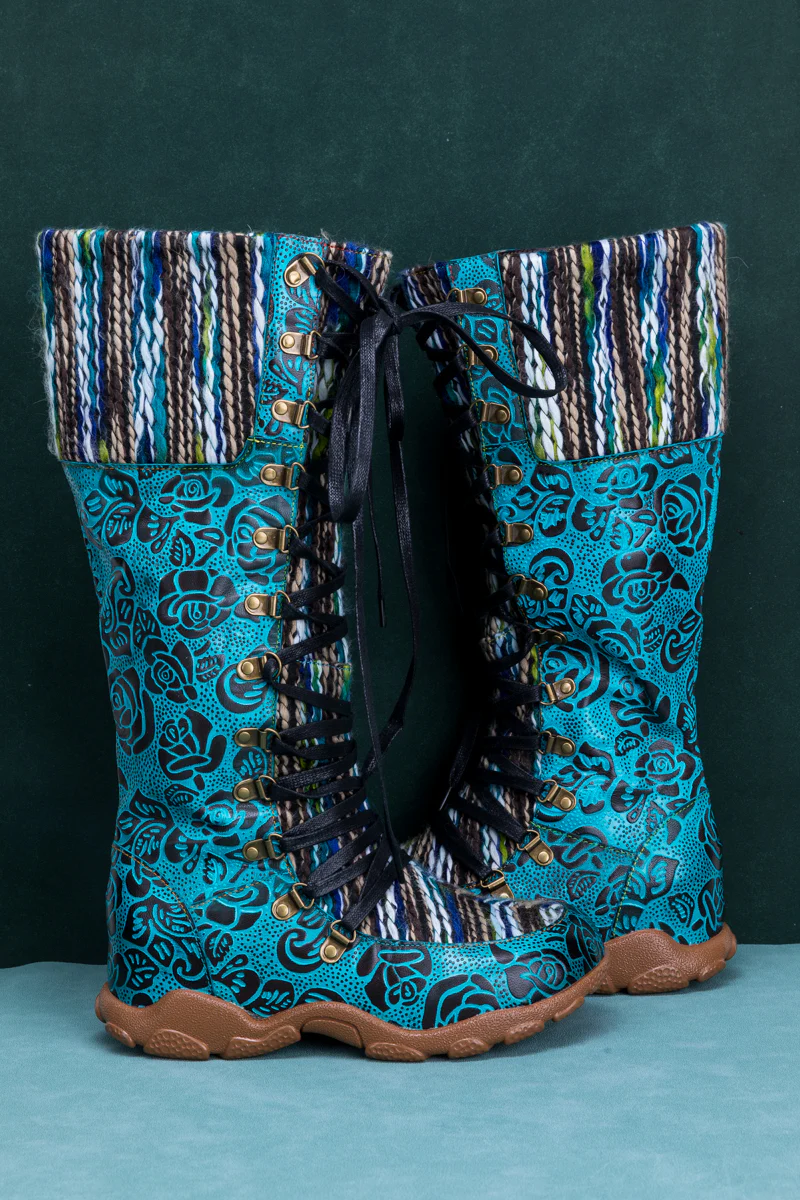 SOFFIA | ROSE EMBOSSED TEAL LEATHER TIE-ACCENT BOOT - Image 9