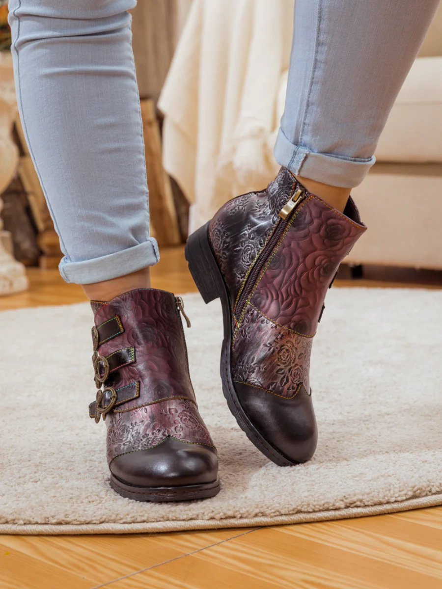 Soffia | Rose Garden Embossed Leather Strap Boot - brown