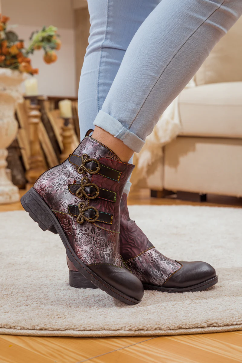 Soffia | Rose Garden Embossed Leather Strap Boot - brown - Image 2