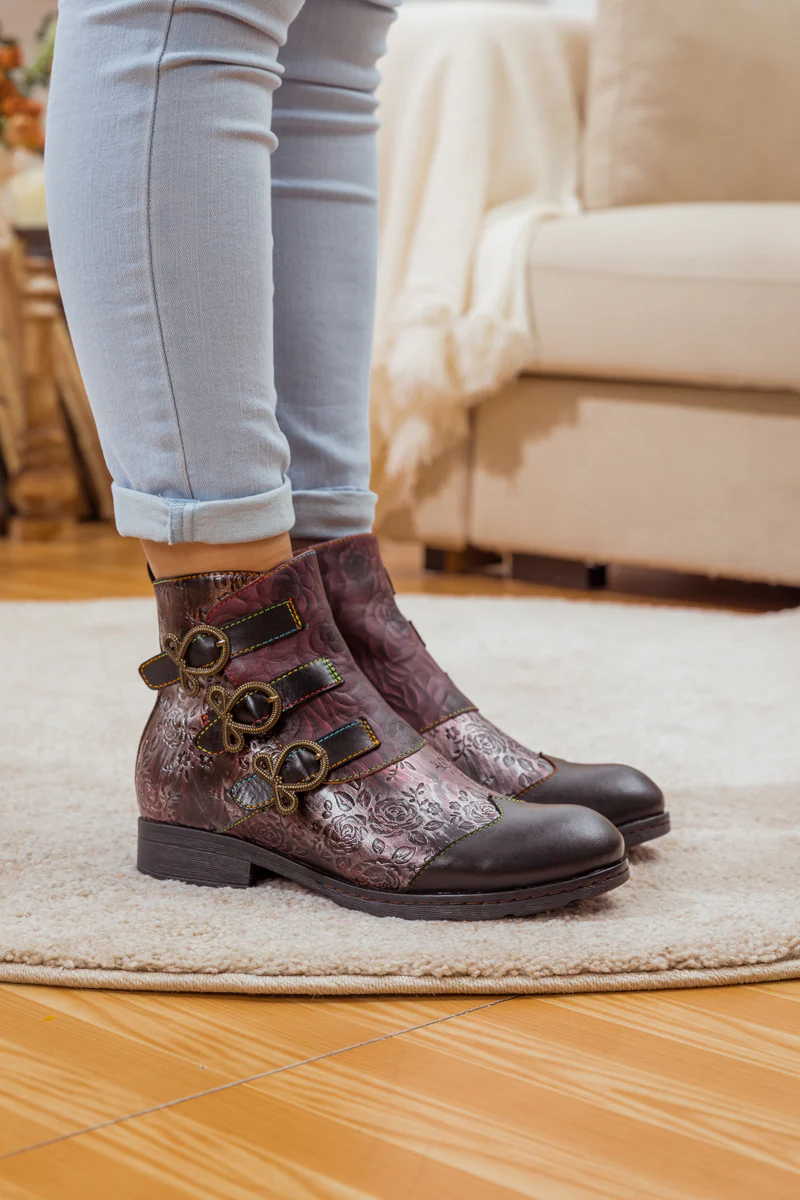 Soffia | Rose Garden Embossed Leather Strap Boot - brown - Image 5