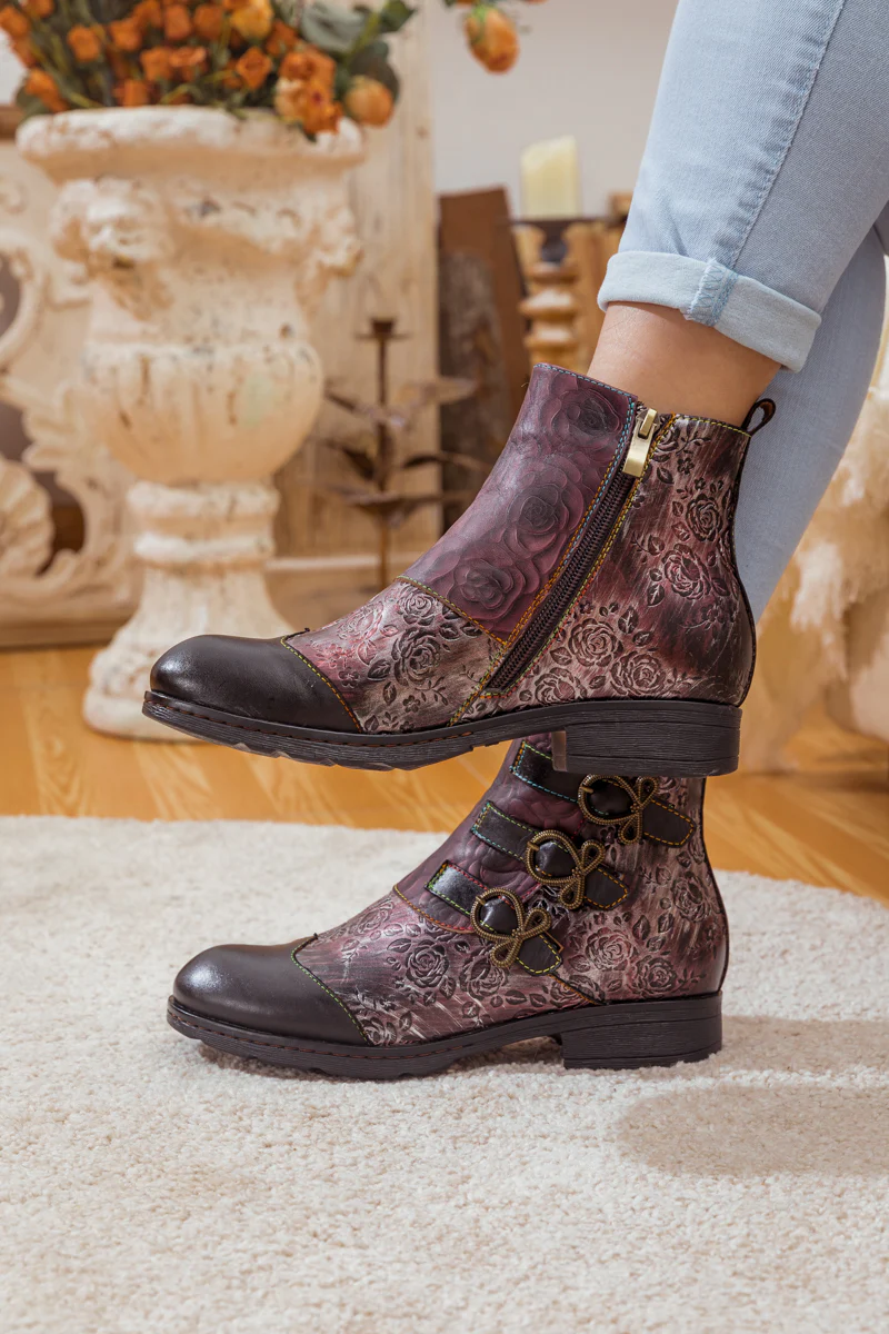 Soffia | Rose Garden Embossed Leather Strap Boot - brown - Image 6