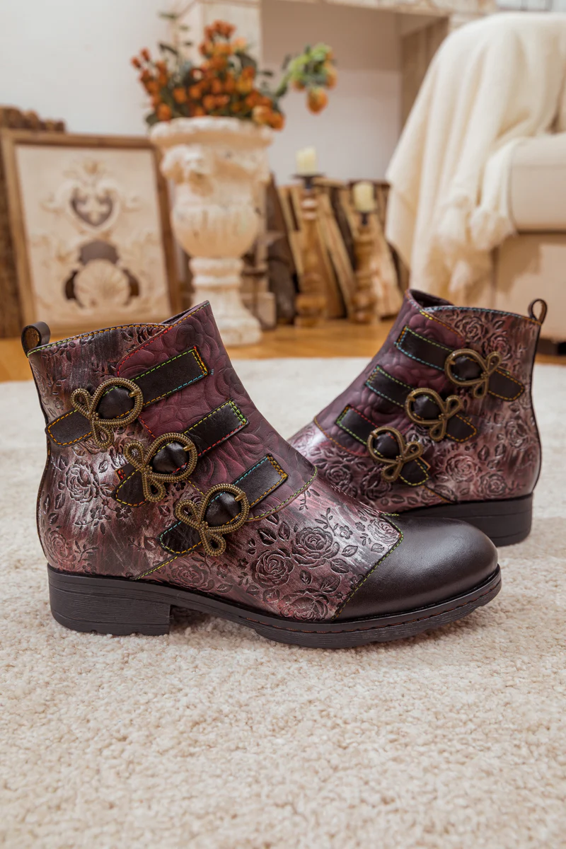 Soffia | Rose Garden Embossed Leather Strap Boot - brown - Image 8