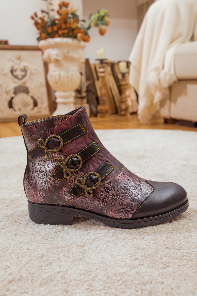 Soffia | Rose Garden Embossed Leather Strap Boot - brown - Image 9