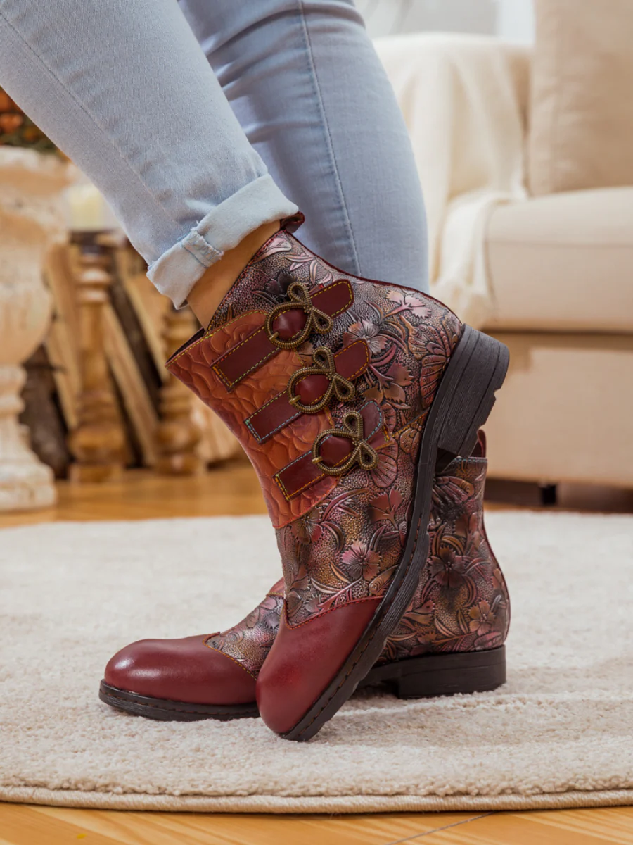 Soffia | Rose Garden Embossed Leather Strap Boot - claret