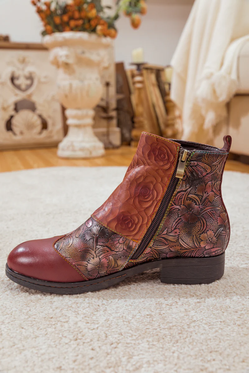 Soffia | Rose Garden Embossed Leather Strap Boot - claret - Image 10