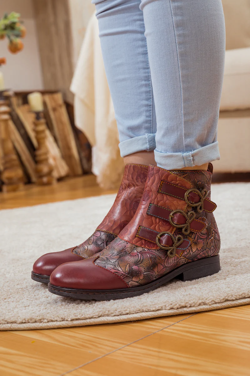 Soffia | Rose Garden Embossed Leather Strap Boot - claret - Image 3