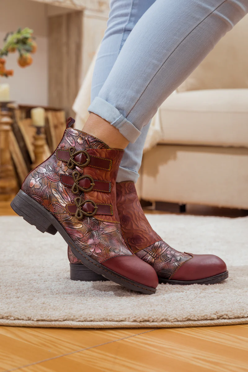 Soffia | Rose Garden Embossed Leather Strap Boot - claret - Image 4