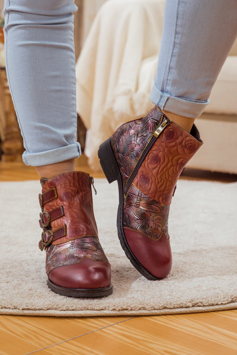 Soffia | Rose Garden Embossed Leather Strap Boot - claret - Image 5