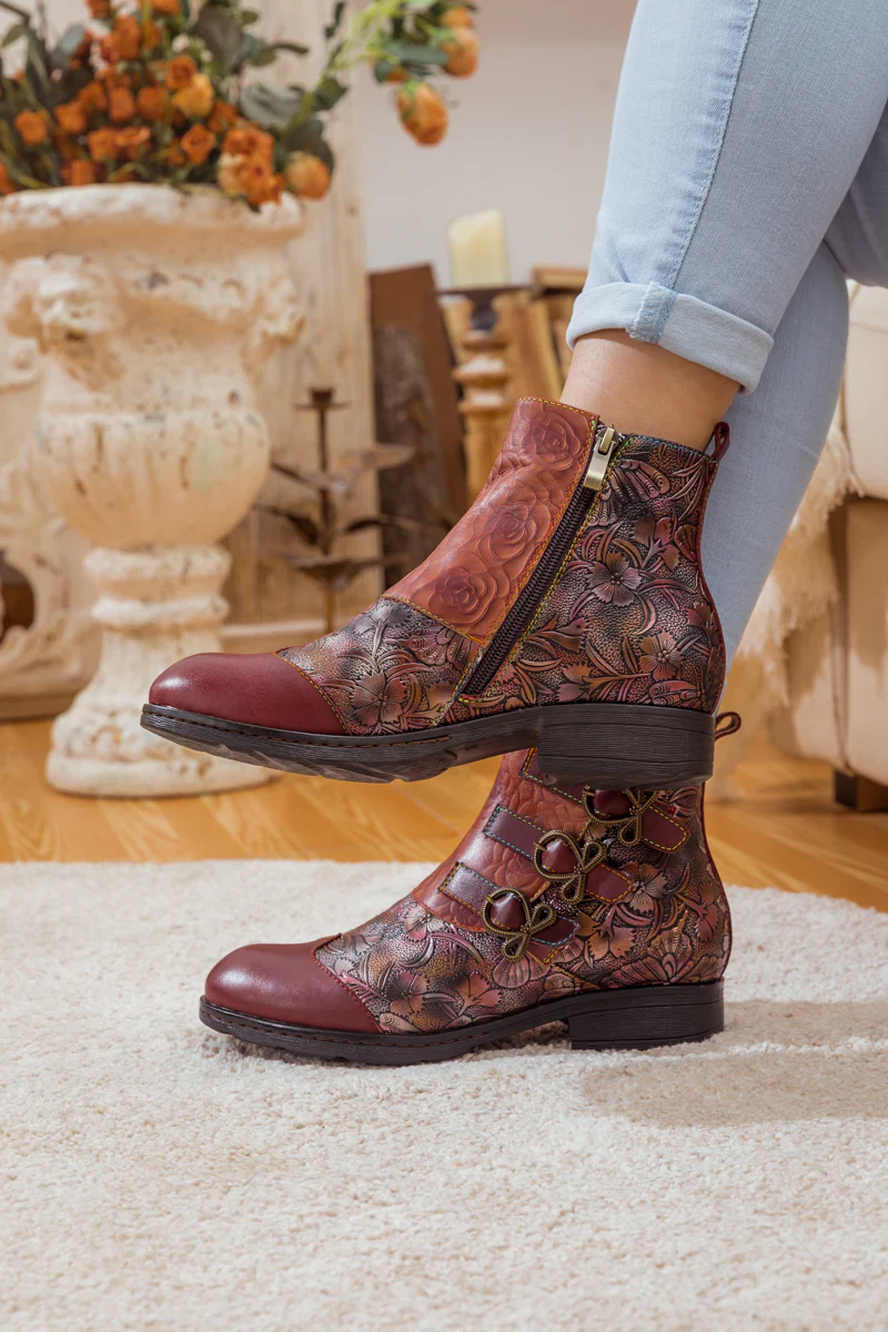 Soffia | Rose Garden Embossed Leather Strap Boot - claret - Image 6