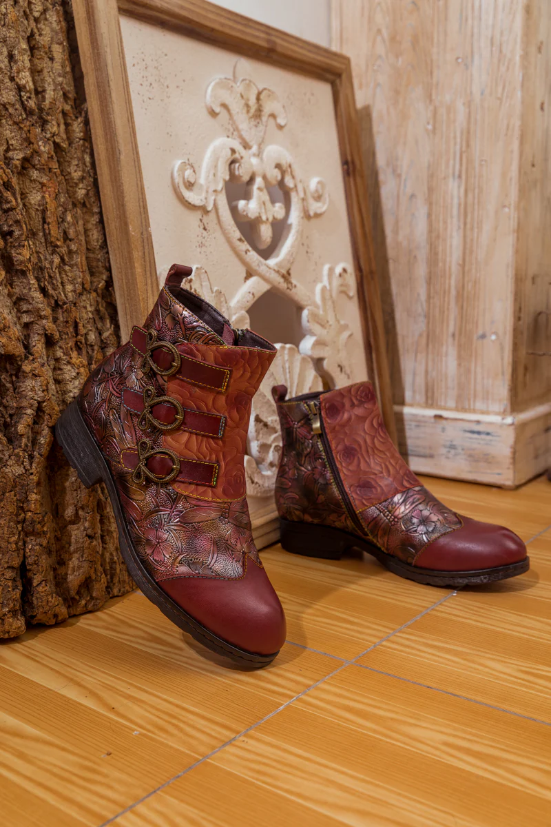 Soffia | Rose Garden Embossed Leather Strap Boot - claret - Image 7