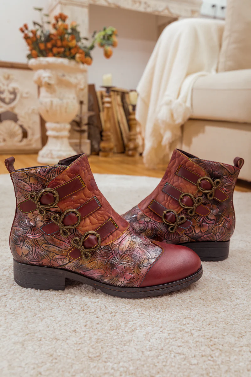 Soffia | Rose Garden Embossed Leather Strap Boot - claret - Image 8
